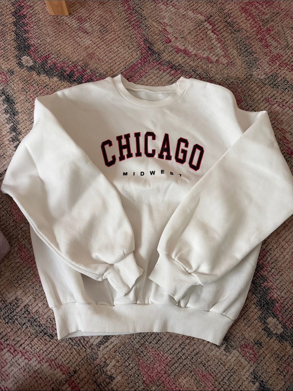 White 'Chicago' Crewneck Sweatshirt with Red & Black Lettering